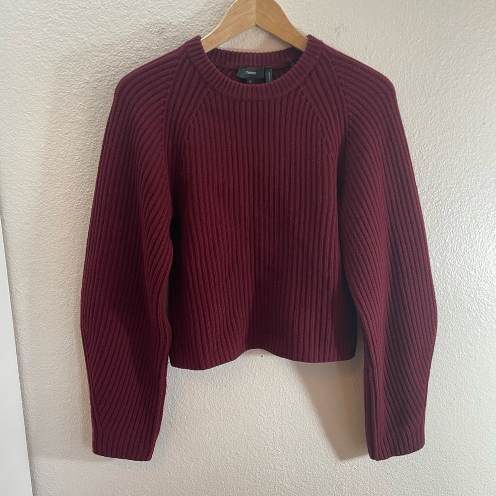 ♥️ THEORY Ribbed Balloon Sleeve Maroon Red Merino Wool Sweater Size M